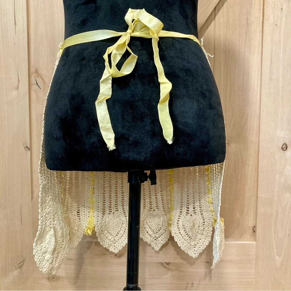 Vintage Hand Made Crocheted Half Apron Cream And Yellow